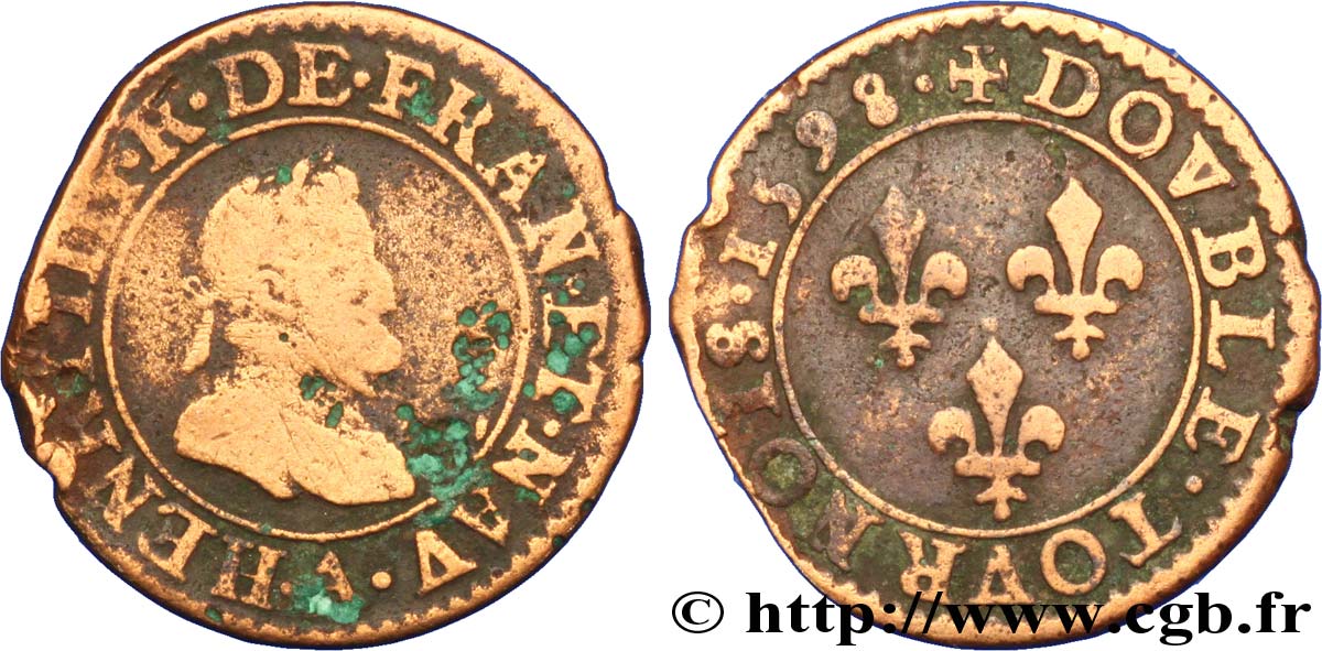 HENRI IV LE GRAND Double tournois, 1er type de Paris (légende française) 1598 Paris, Moulin des Étuves B
