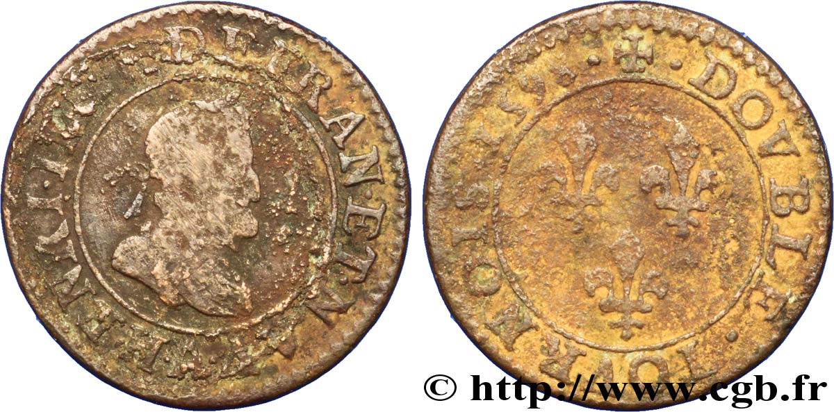 HENRI IV LE GRAND Double tournois, 1er type de Paris (légende française) 1598 Paris, Moulin des Étuves TB