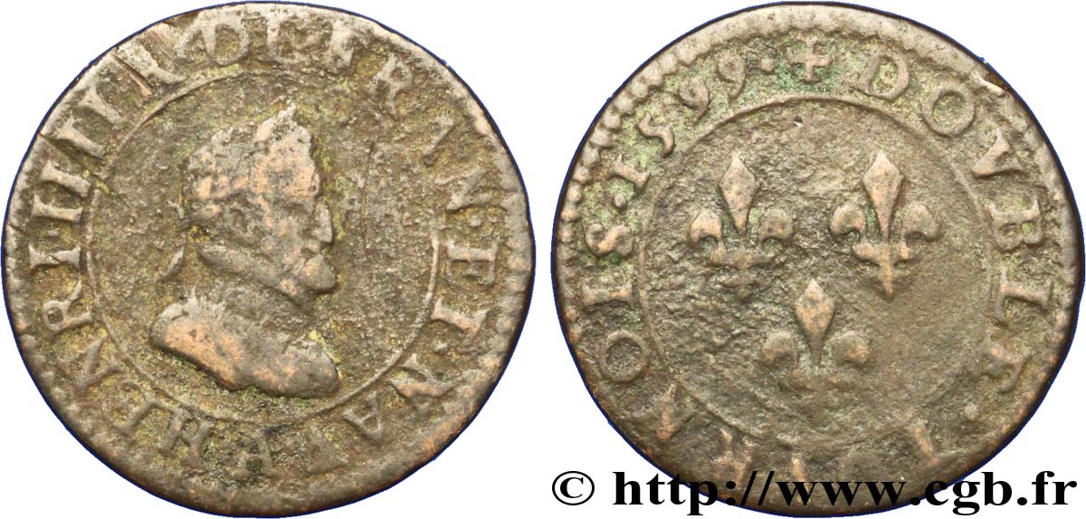 HENRI IV LE GRAND Double tournois, légende française 1599 Paris, Moulin des Étuves TB