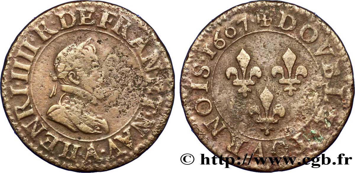 HENRI IV LE GRAND Double tournois 1607 Paris, Moulin des Étuves TB+