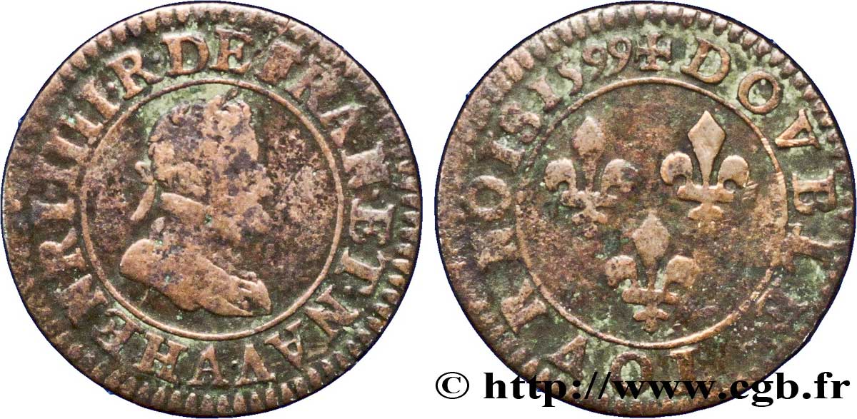 HENRI IV LE GRAND Double tournois 1599 Paris, Moulin des Étuves TTB