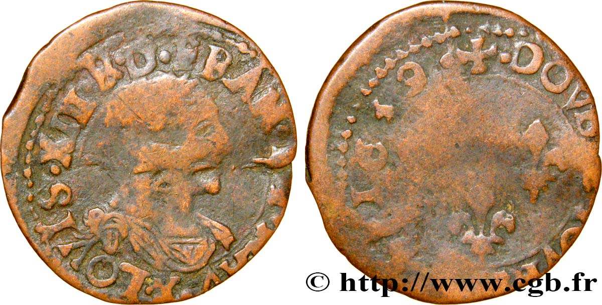 LOUIS XIII LE JUSTE Double tournois, type 14 1639 Bordeaux B