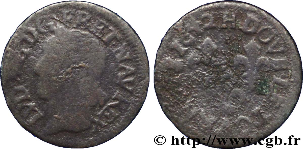 LOUIS XIII LE JUSTE Double tournois, type de Warin 1642 La Rochelle B