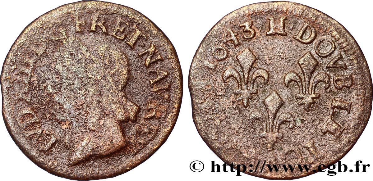 LOUIS XIII LE JUSTE Double tournois, type de Warin 1643 La Rochelle TB