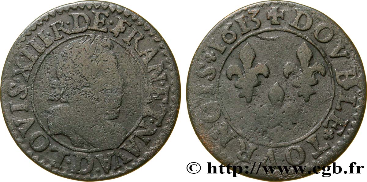 LOUIS XIII  Double tournois, type 3, frappe médaille 1613 Lyon S