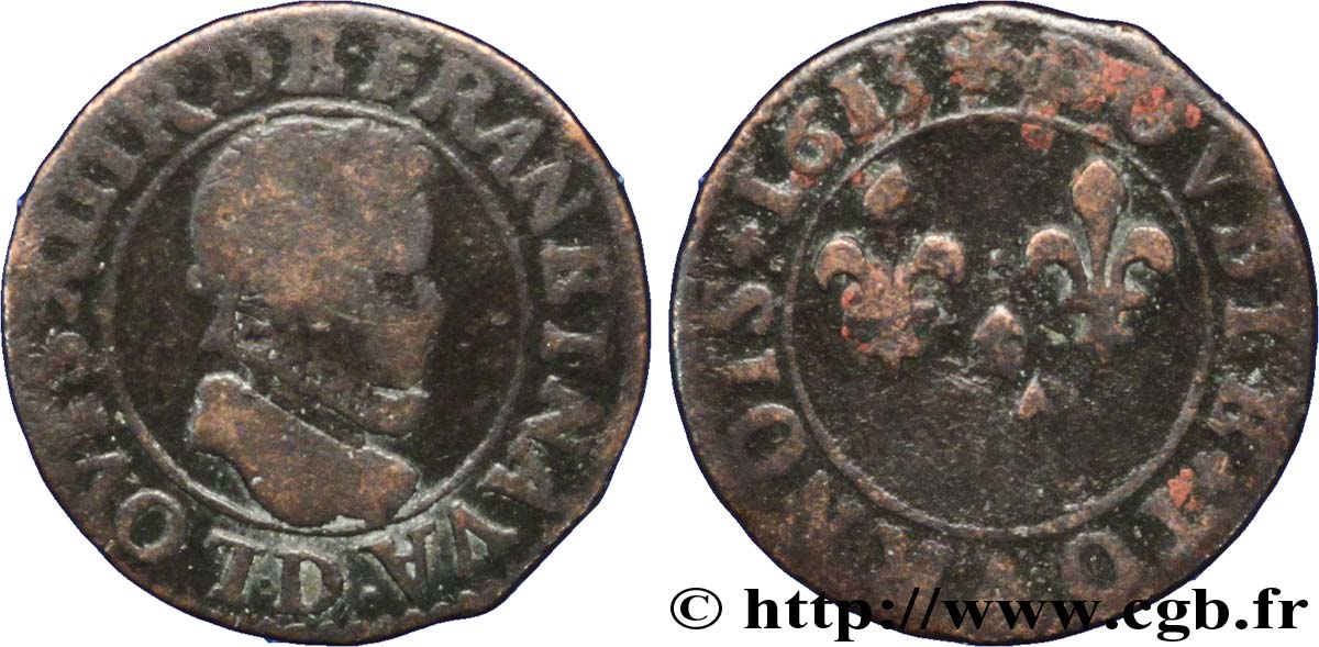 LOUIS XIII LE JUSTE Double tournois, type 1 1613 Lyon B+
