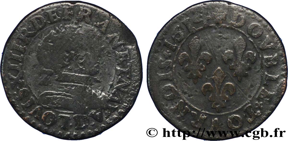 LOUIS XIII LE JUSTE Double tournois, type 3 1614 Lyon TB