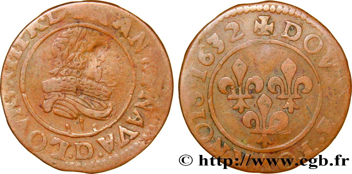 LOUIS XIII LE JUSTE Double tournois, type 8 1632 Lyon TB+