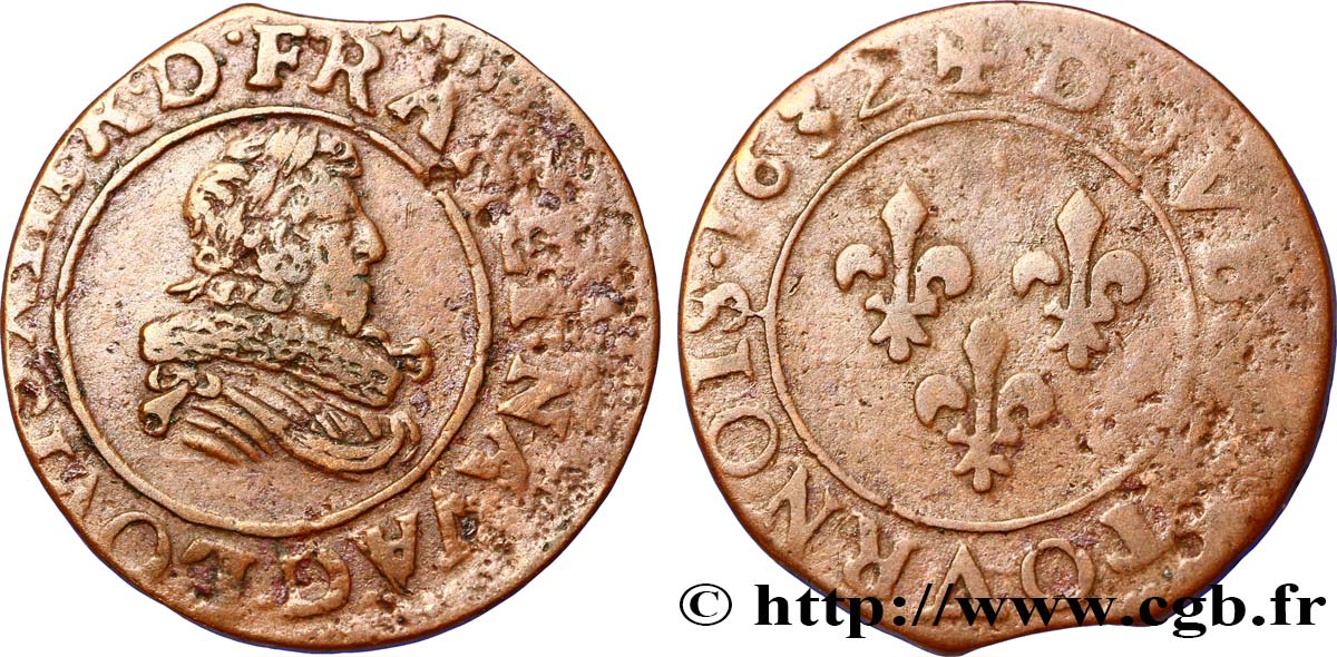 LOUIS XIII LE JUSTE Double tournois, type 8 1632 Lyon TB+