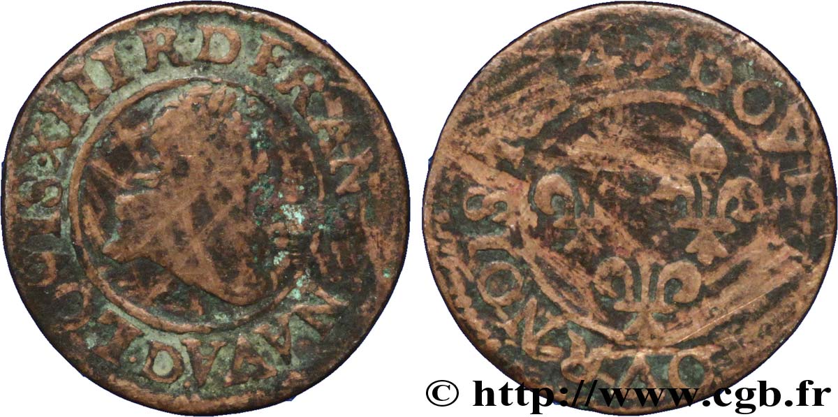 LOUIS XIII LE JUSTE Double tournois, type 8 1634 Lyon B