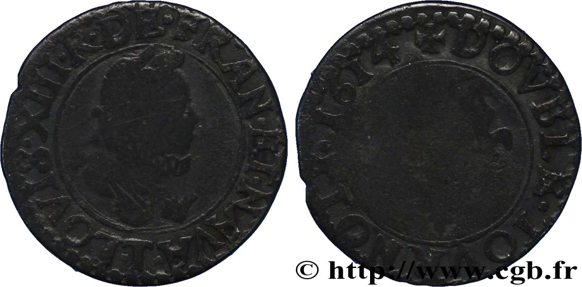 LOUIS XIII LE JUSTE Double tournois, type 2 1614 Nantes TB/B