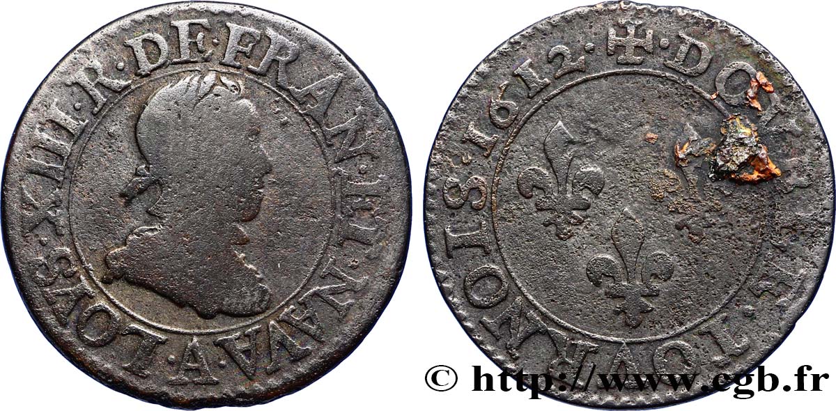 LOUIS XIII  Double tournois, type 1 1612 Paris, Moulin du Louvre BC/BC+