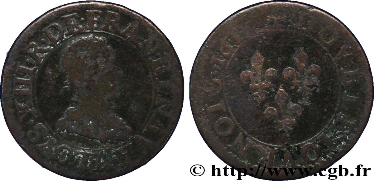LOUIS XIII  Double tournois, type 1 1616 Paris, Moulin du Louvre F