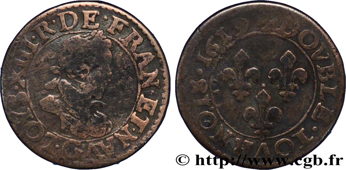 LOUIS XIII LE JUSTE Double tournois, type 2 de Poitiers 1619 Poitiers TB
