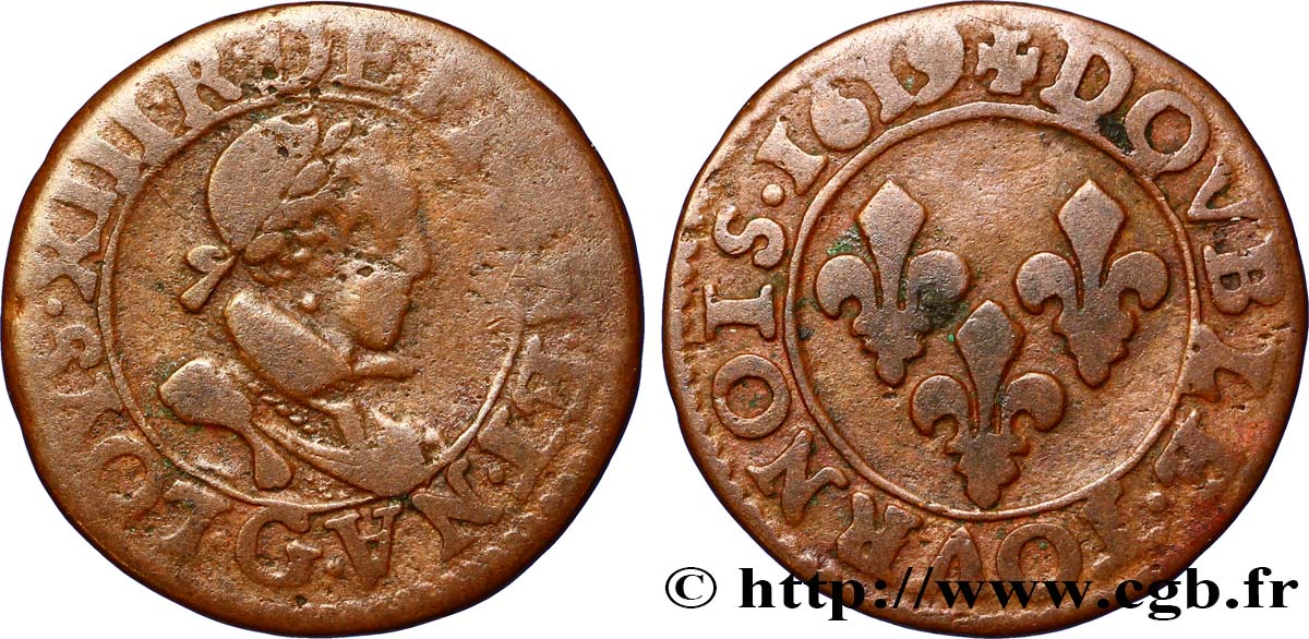 LOUIS XIII LE JUSTE Double tournois, type 2 de Poitiers 1619 Poitiers B+/TB
