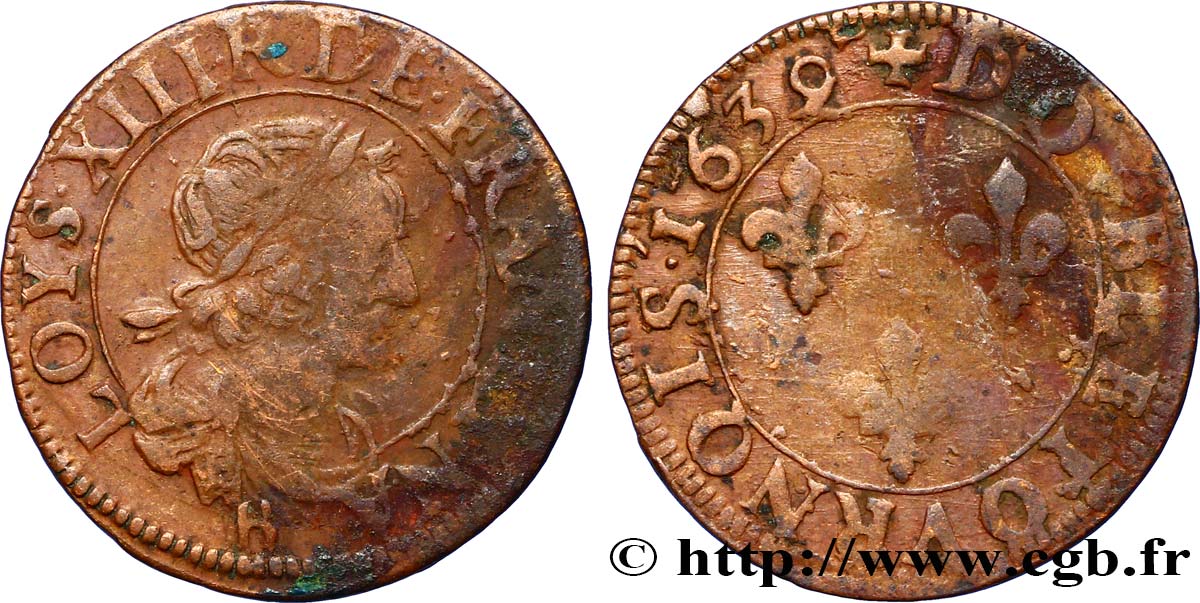 LOUIS XIII LE JUSTE Double tournois, 2e type 1639 Rouen TB+/TB