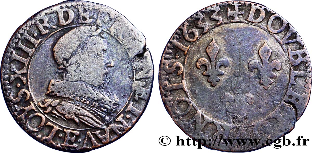 LOUIS XIII  Double tournois, type 1 de Tours 1633 Tours VF