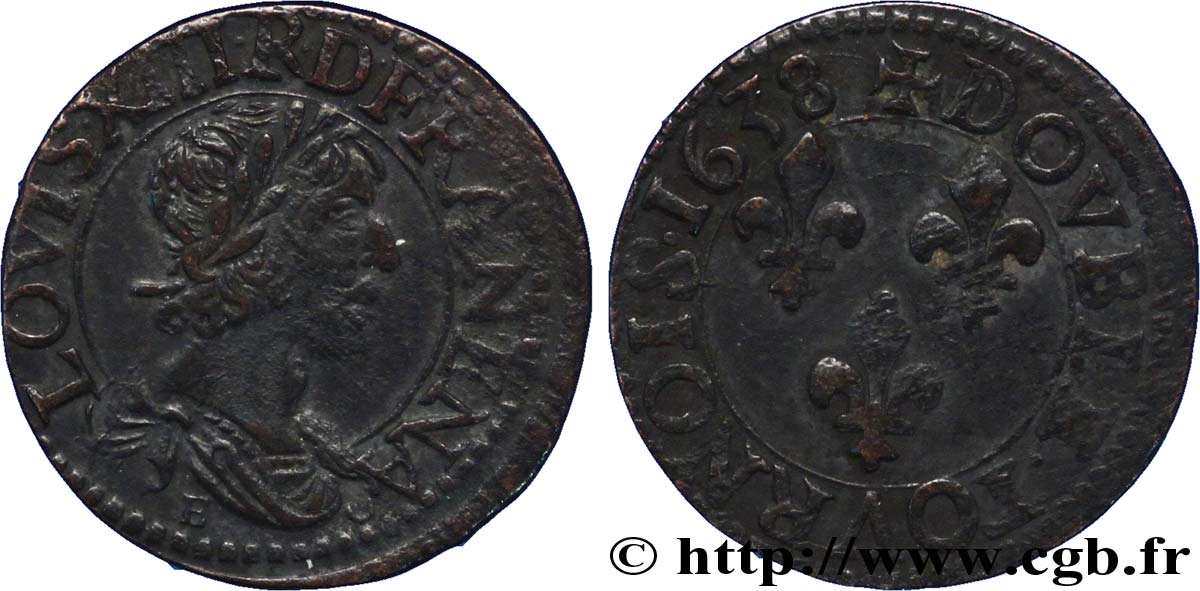 LOUIS XIII LE JUSTE Double tournois, 12e type 1638 Tours TTB