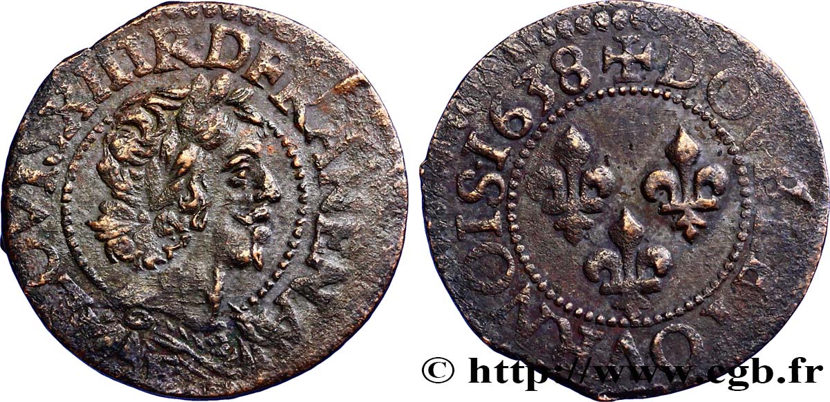 LOUIS XIII LE JUSTE Double tournois, 15e type 1638 Tours TTB