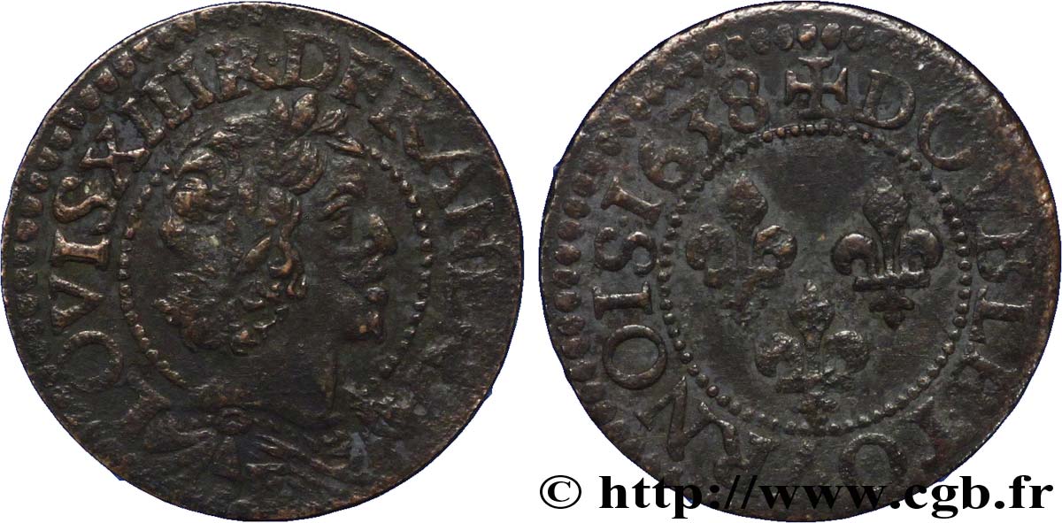 LOUIS XIII LE JUSTE Double tournois, 15e type 1638 Tours TTB
