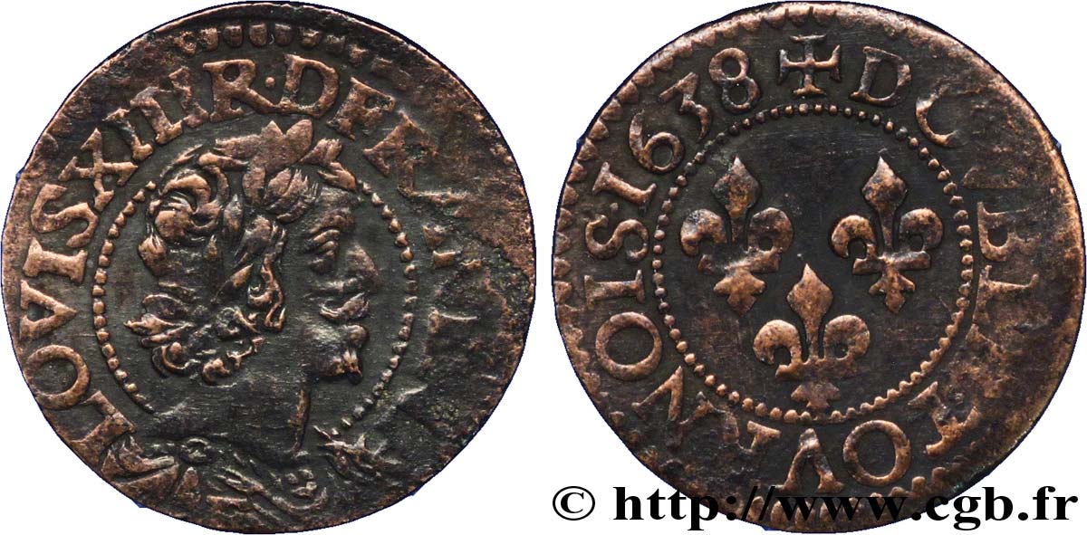 LOUIS XIII LE JUSTE Double tournois, 15e type 1638 Tours TTB
