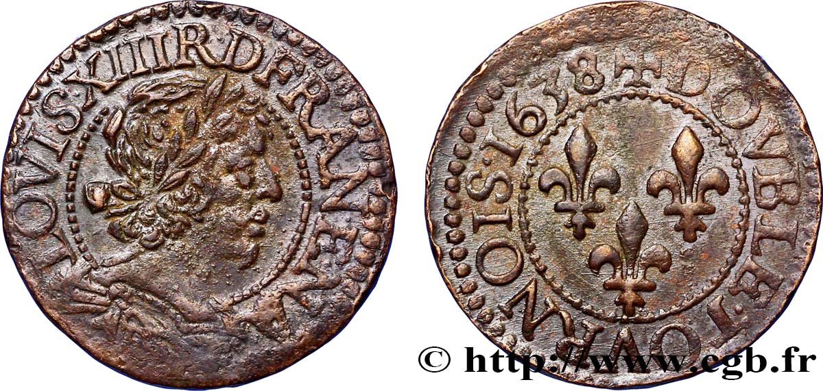LOUIS XIII LE JUSTE Double tournois, 15e type 1638 Tours TTB+/TTB