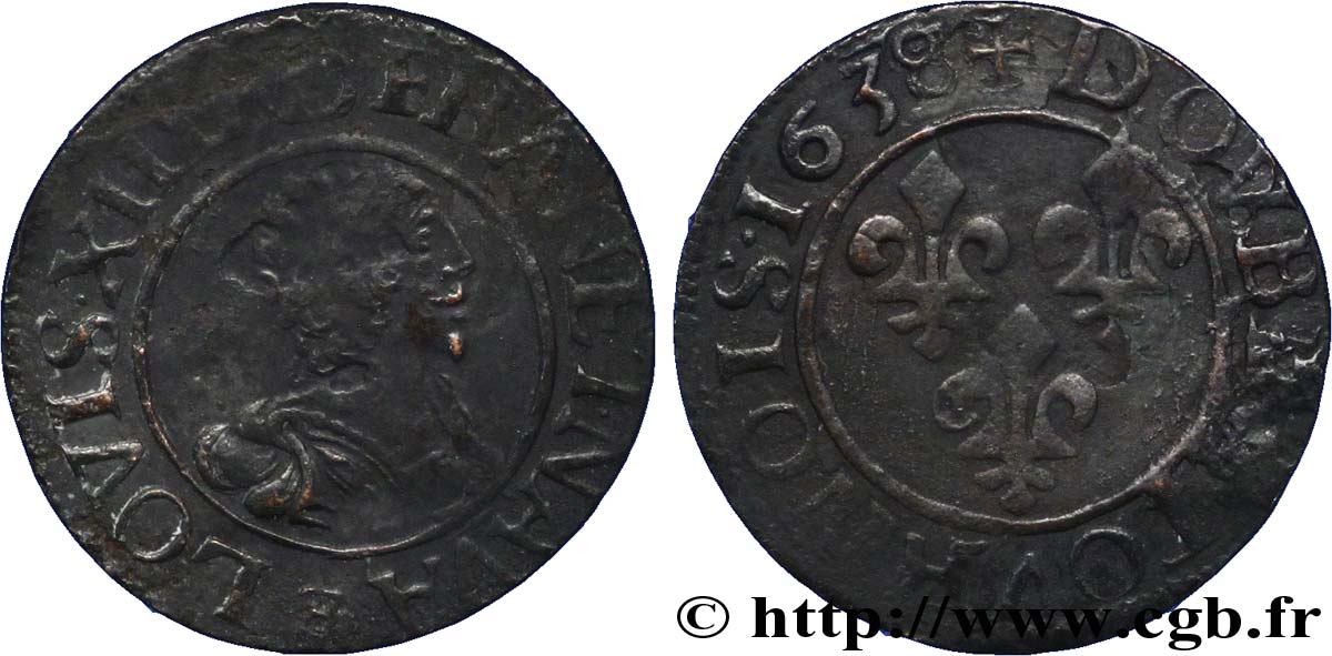 LOUIS XIII LE JUSTE Double tournois, 16e type 1638 Tours TB+