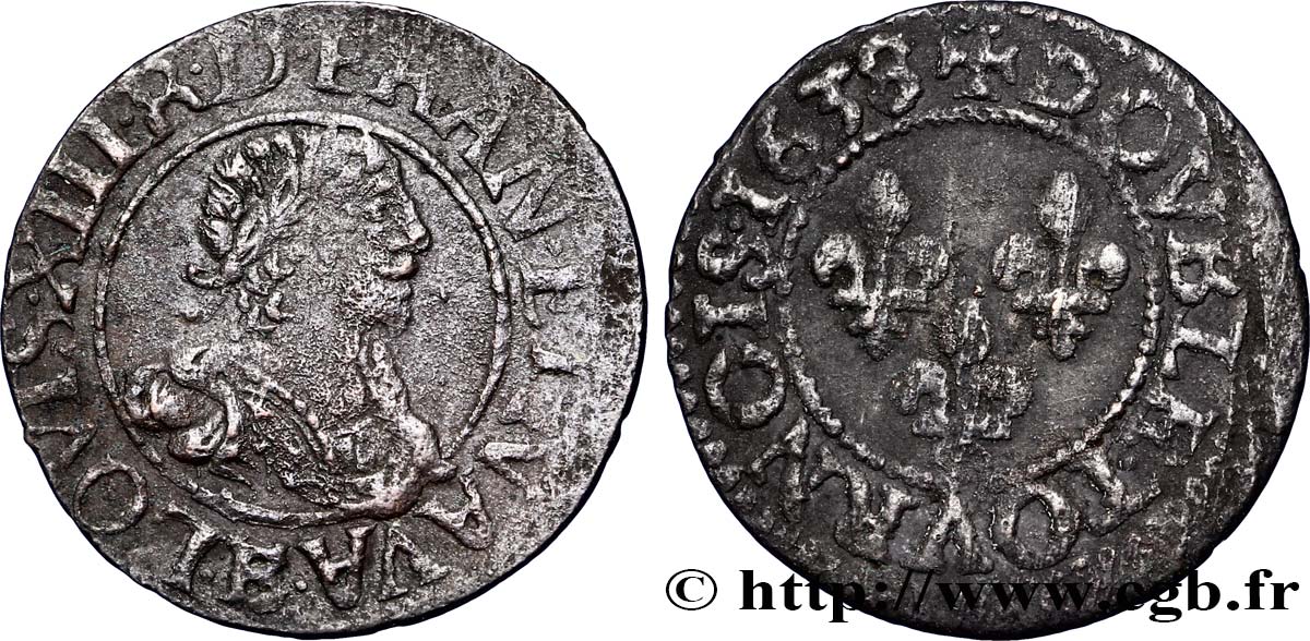 LOUIS XIII LE JUSTE Double tournois, 16e type 1638 Tours TB+