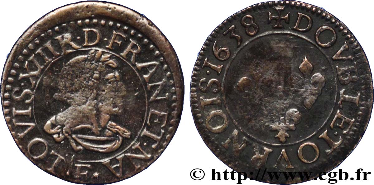 LOUIS XIII LE JUSTE Double tournois, 17e type 1638 Tours TTB/TB+
