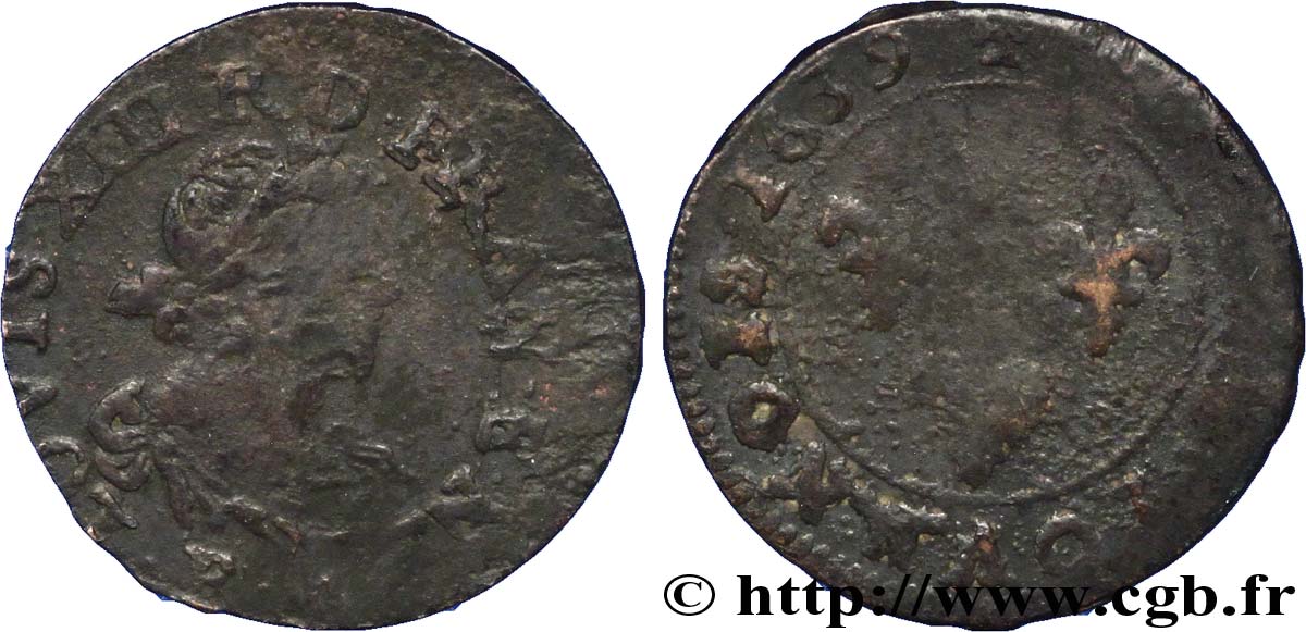 LOUIS XIII LE JUSTE Double tournois, 19e type 1639 Tours TB