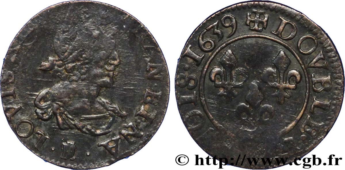 LOUIS XIII LE JUSTE Double tournois, 19e type 1639 Tours TTB+