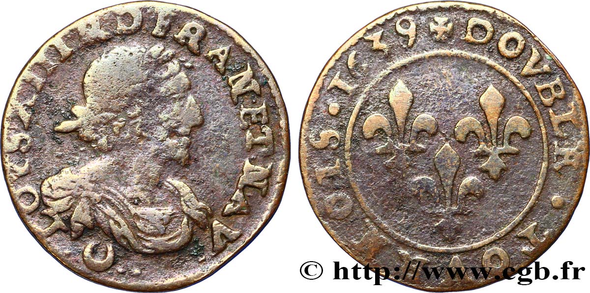 LOUIS XIII LE JUSTE Double tournois au grand buste viril drapé 1639 Vallée du Rhône TB
