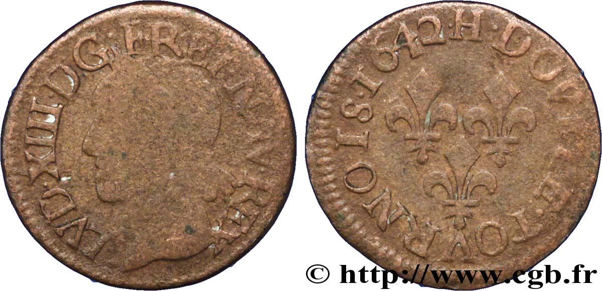 LOUIS XIII LE JUSTE Double tournois, type de Warin 1642 La Rochelle TB