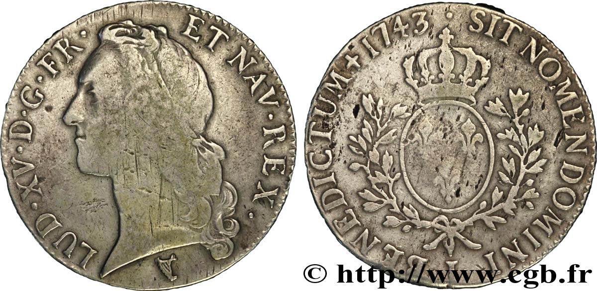 LOUIS XV DIT LE BIEN AIMÉ Écu aux branches d’olivier, tête ceinte d’un bandeau 1743 Limoges TB