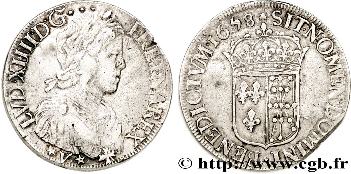 LOUIS XIV LE GRAND OU LE ROI SOLEIL Écu de Navarre, portrait à la mèche longue 1658 Saint-Palais TTB