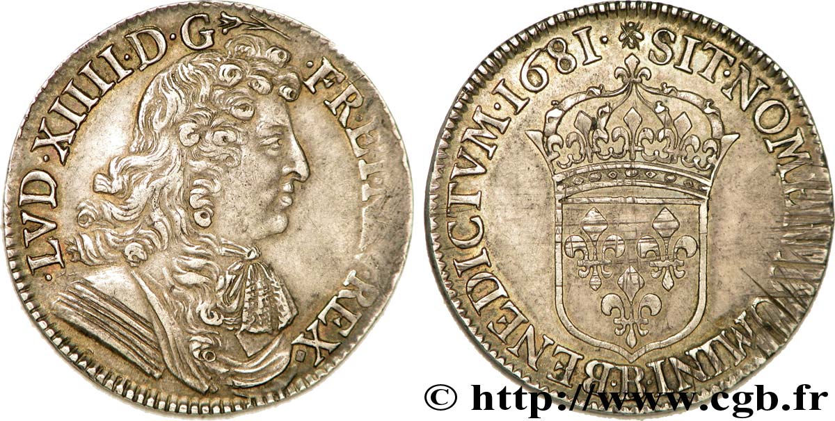 LOUIS XIV  THE SUN KING  Demi-écu, portrait à la cravate courte 1681 Rouen fVZ