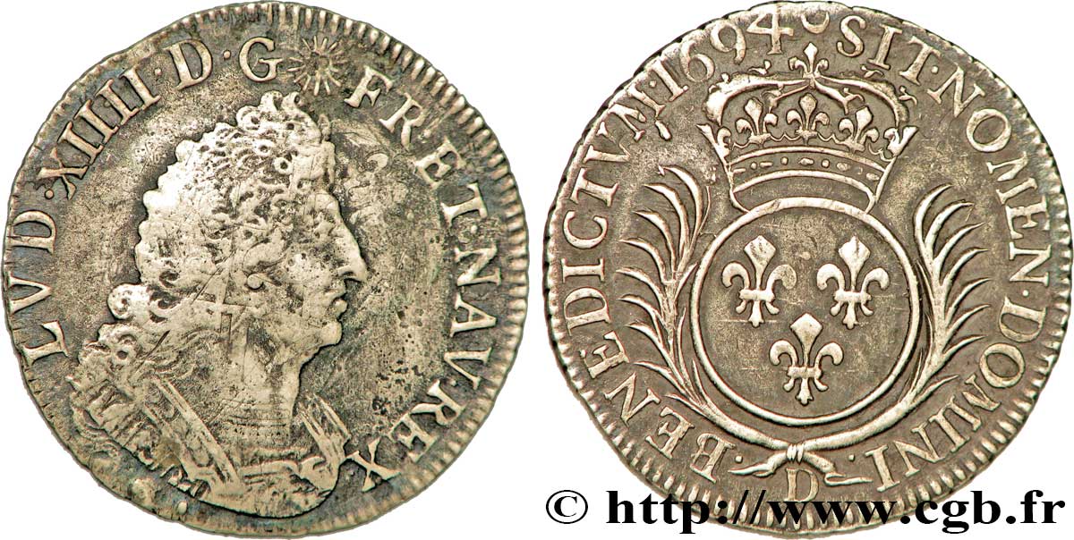 LOUIS XIV LE GRAND OU LE ROI SOLEIL Quart d&nbsp;écu aux palmes 1694 Lyon TB+/TTB+