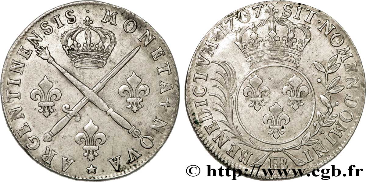 LOUIS XIV  THE SUN KING  Trente-trois sols aux insignes 1707 Strasbourg fVZ