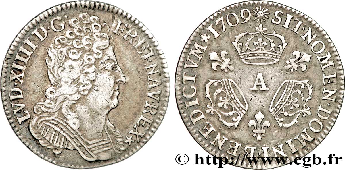 LOUIS XIV LE GRAND OU LE ROI SOLEIL Dixième d&nbsp;écu aux trois couronnes 1709 Paris TTB/TTB+