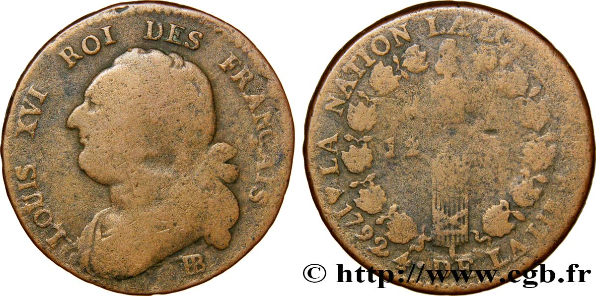 LOUIS XVI (MONARQUE CONSTITUTIONNEL)  12 deniers dit &nbsp;au faisceau&nbsp;, type FRANÇAIS 1792 Strasbourg B
