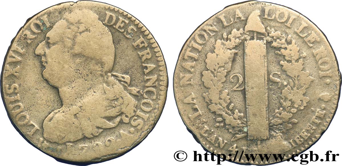 LOUIS XVI (MONARQUE CONSTITUTIONNEL)  2 sols dit &nbsp;au faisceau&nbsp;, type FRANÇOIS 1792 Paris B