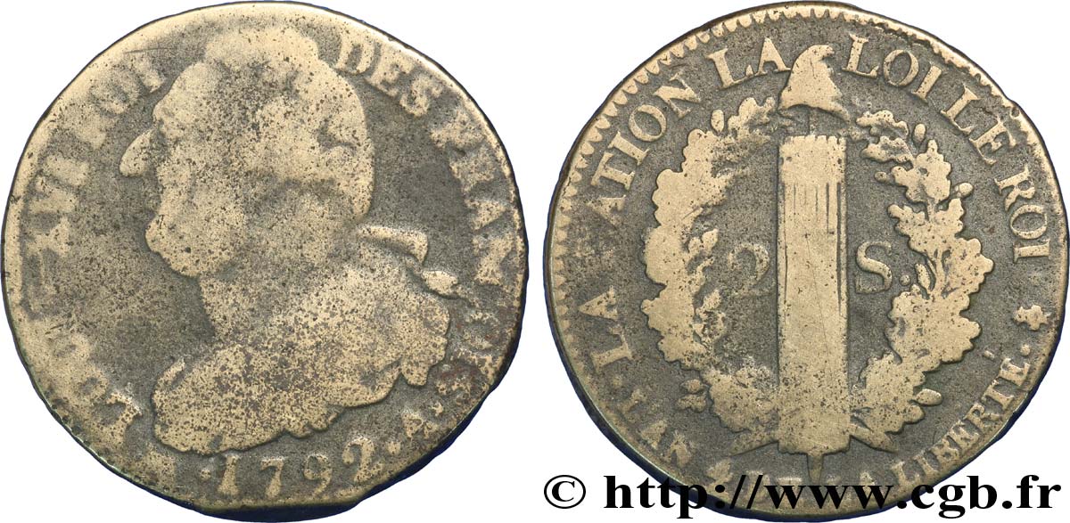 LOUIS XVI (MONARQUE CONSTITUTIONNEL)  2 sols dit  au faisceau , type FRANÇOIS 1792 Paris B+