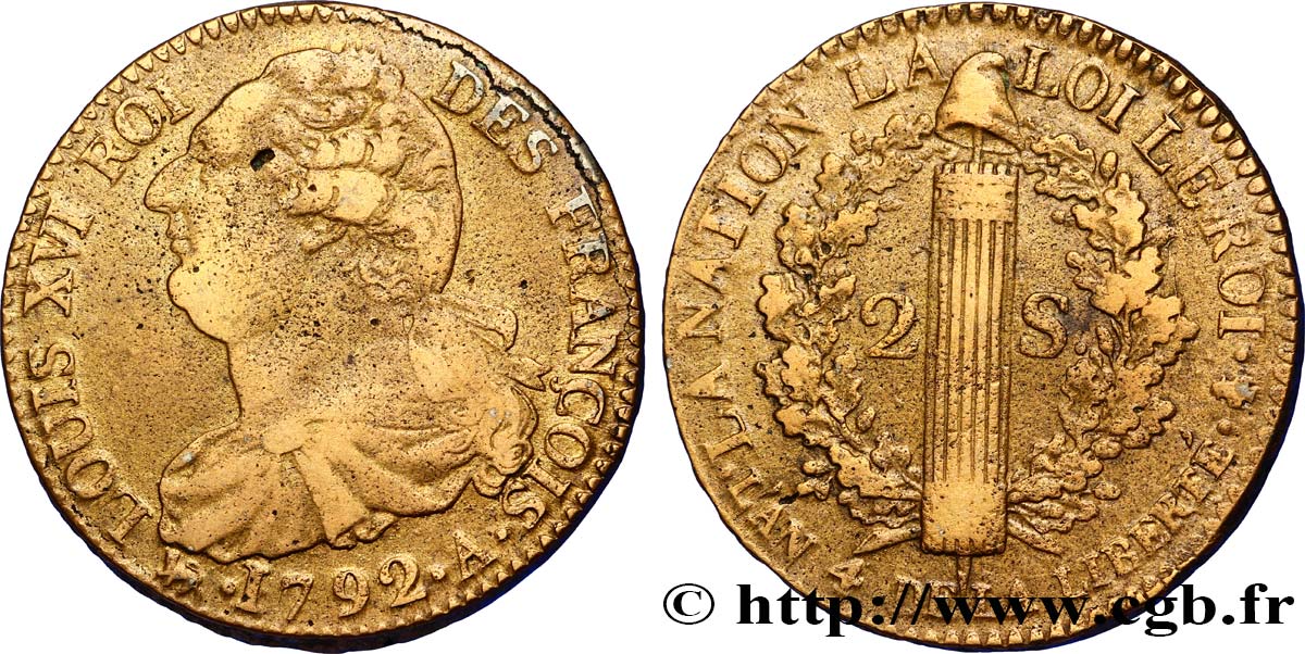 LOUIS XVI (MONARQUE CONSTITUTIONNEL)  2 sols dit  au faisceau , type FRANÇOIS 1792 Paris TB+