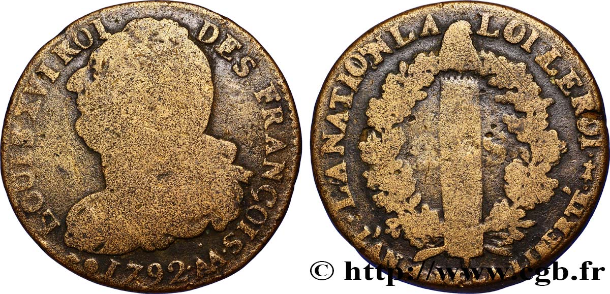 LOUIS XVI (MONARQUE CONSTITUTIONNEL)  2 sols dit  au faisceau , type FRANÇOIS 1792 Metz B