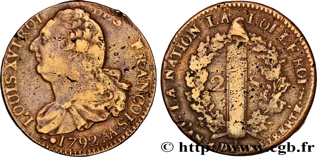 LOUIS XVI (MONARQUE CONSTITUTIONNEL)  2 sols dit &nbsp;au faisceau&nbsp;, type FRANÇOIS 1792 Metz TB+