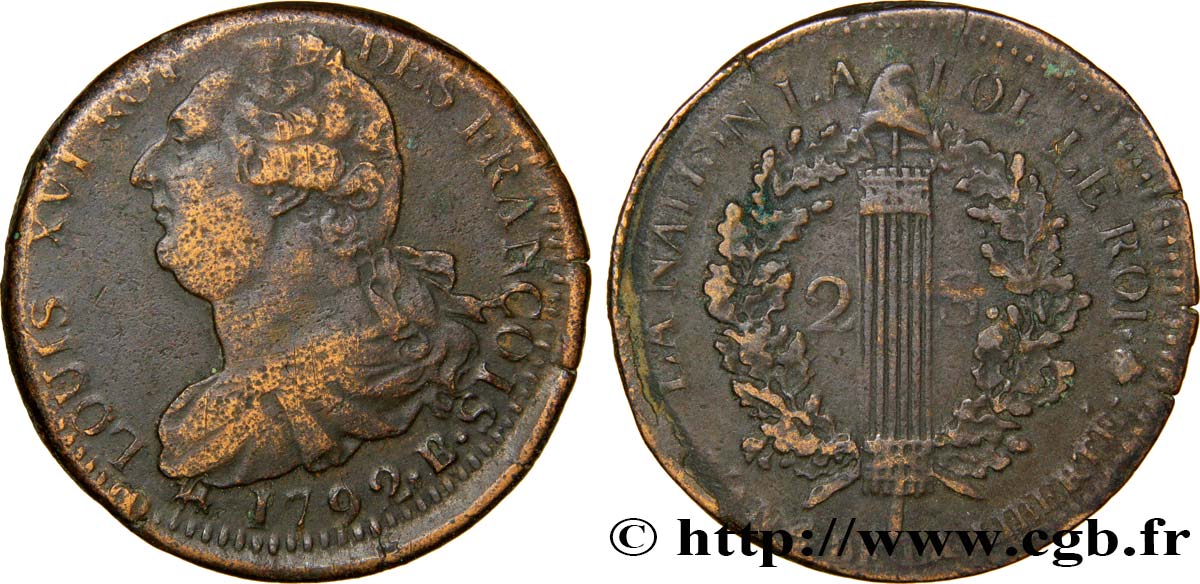 LOUIS XVI (MONARQUE CONSTITUTIONNEL)  2 sols dit &nbsp;au faisceau&nbsp;, type FRANÇOIS 1792 Rouen TB+/TTB