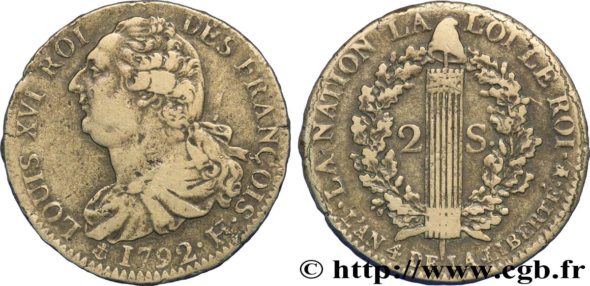 LOUIS XVI (MONARQUE CONSTITUTIONNEL)  2 sols dit &nbsp;au faisceau&nbsp;, type FRANÇOIS 1792 La Rochelle TTB