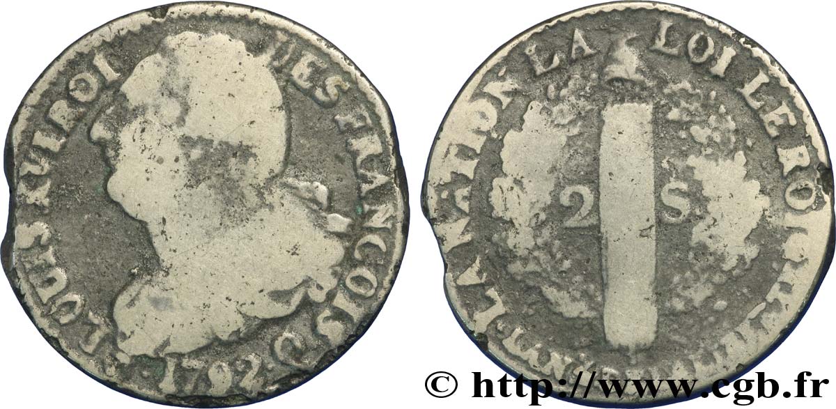 LOUIS XVI (MONARQUE CONSTITUTIONNEL)  2 sols dit  au faisceau , type FRANÇOIS 1792 Perpignan TB