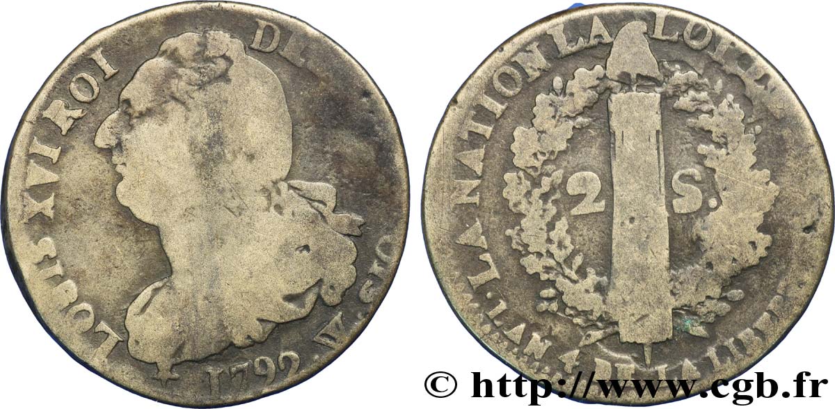 LOUIS XVI (MONARQUE CONSTITUTIONNEL)  2 sols dit  au faisceau , type FRANÇOIS 1792 Lille B