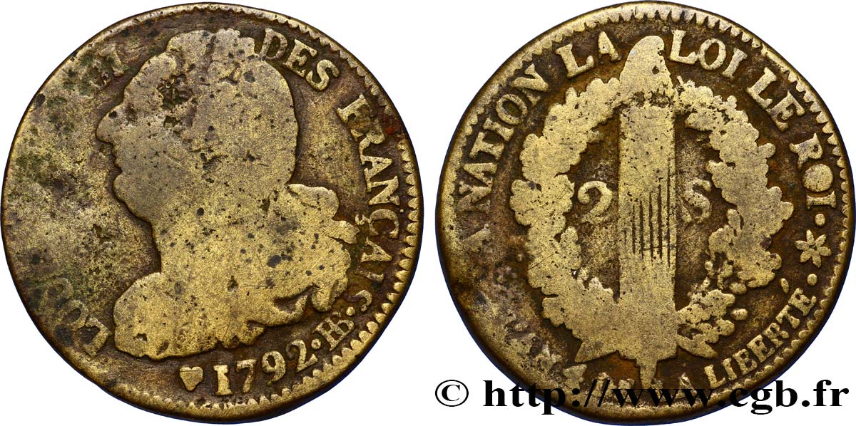 LOUIS XVI (MONARQUE CONSTITUTIONNEL)  2 sols dit  au faisceau , type FRANÇAIS 1792 Strasbourg B